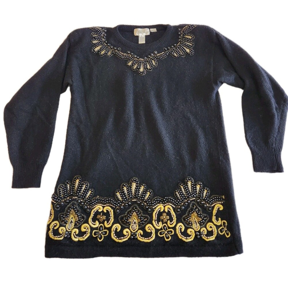 Xxist Vintage 80s 90s Lambswool Rabbit Hair Ornate Beaded Glam Sweater SZ S